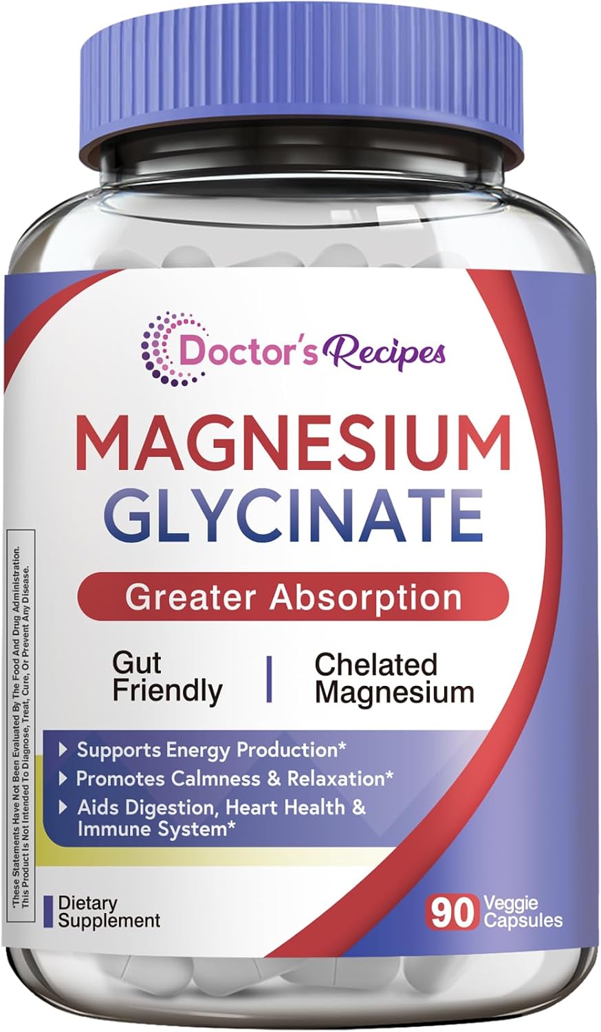 Doctor's Recipes Magnesium Glycinate Supplement, Amino Acid Chelated, Non Buffered, High Absorption, Easy on Stomach, Support Calm, Bone, Heart
