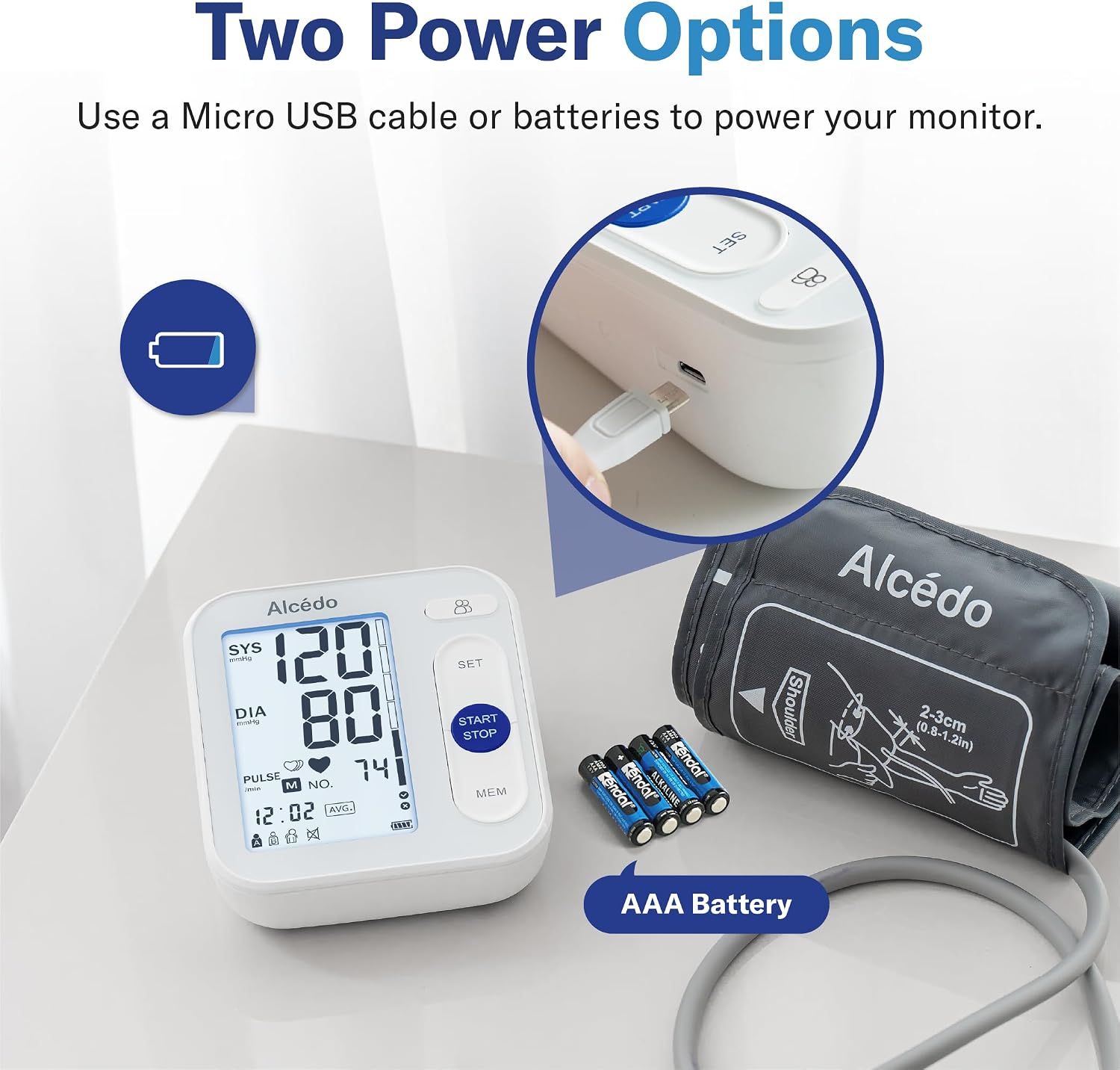 Alcedo Blood Pressure Monitor for Home Use, Upper Arm Cuff BP Machine | Large LCD Screen, Talking Function, 2x120 Memory, Large Cuff (8.7–16.5"), Batteries+USB Cable
