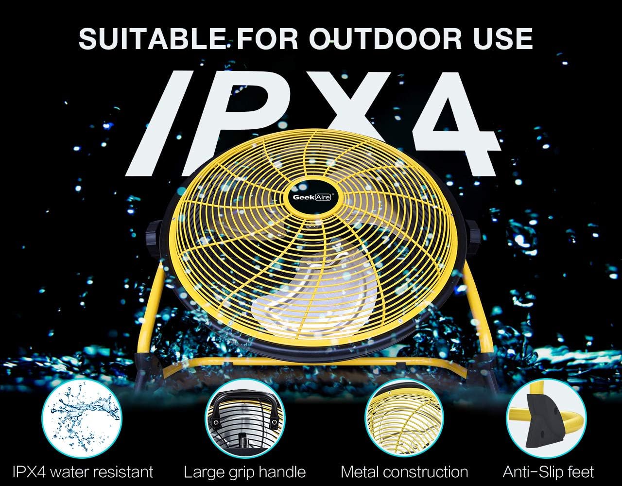 Geek Aire 16" Portable Battery Operated Floor Fan, Metal High Velocity Fan | 24 Hour Runtime, 1900 CFM Airflow, Powerful Brushless Motor, 360° Tilt