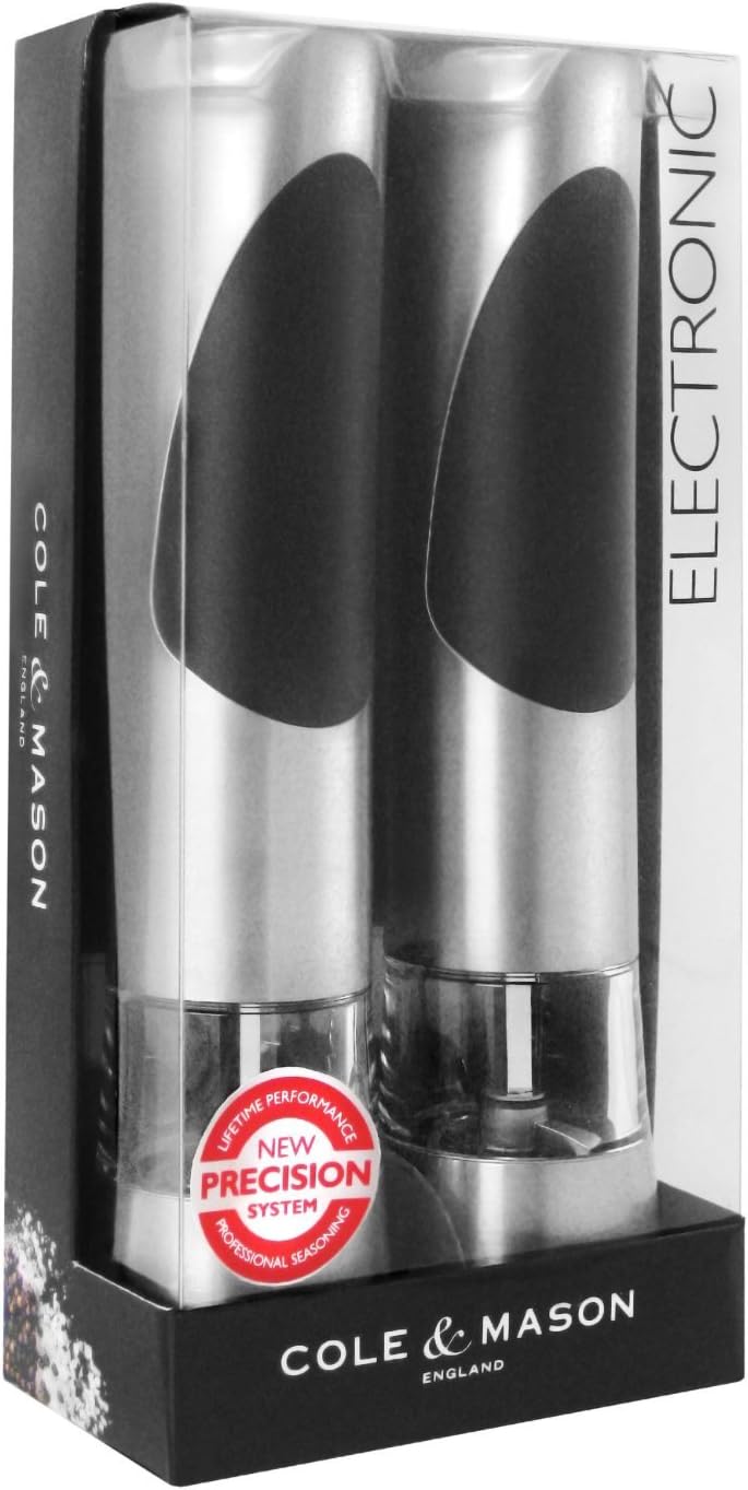 Cole & Mason Richmond Electronic Salt & Pepper Mill Gift Set - One-Button Electric Spice Grinder with Large Grinding Chamber - Requires 6 AAA