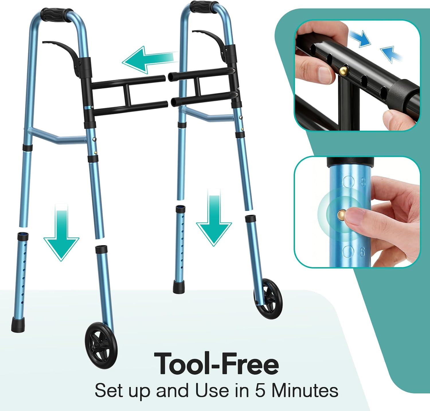HOMENURSE Folding Walkers for Seniors with Skis, Width & Height Adjustable | Narrow Walker with 5" Wheels for Small Spaces, Aluminum Lightweight Standard Rolling Walker, Supports Up to 300lbs, Silver