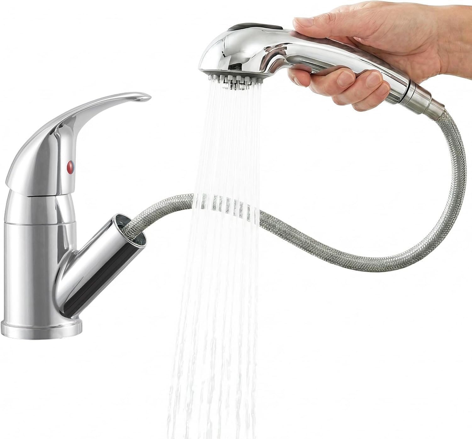 Dura Faucet DF-NMK852-WT RV Pull-Out Swivel Kitchen Sink Faucet (White) | One-hole, single-handle design with smooth lever control for galley cleanup. Easy DIY install with common hand tools.