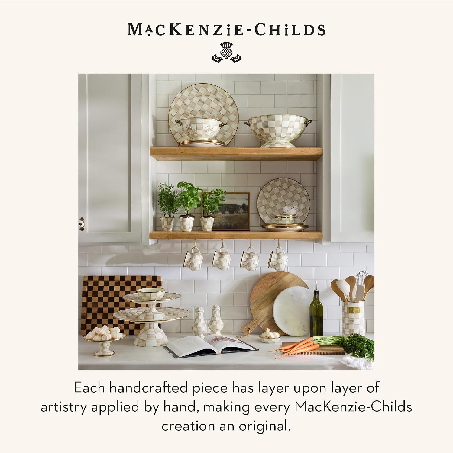 MACKENZIE-CHILDS Pedestal Platter, Mini, Black-and-White Courtly Check | Hand-painted design, made from enameled steel, stackable round cake stand for serving desserts, 8" dia. x 3" H