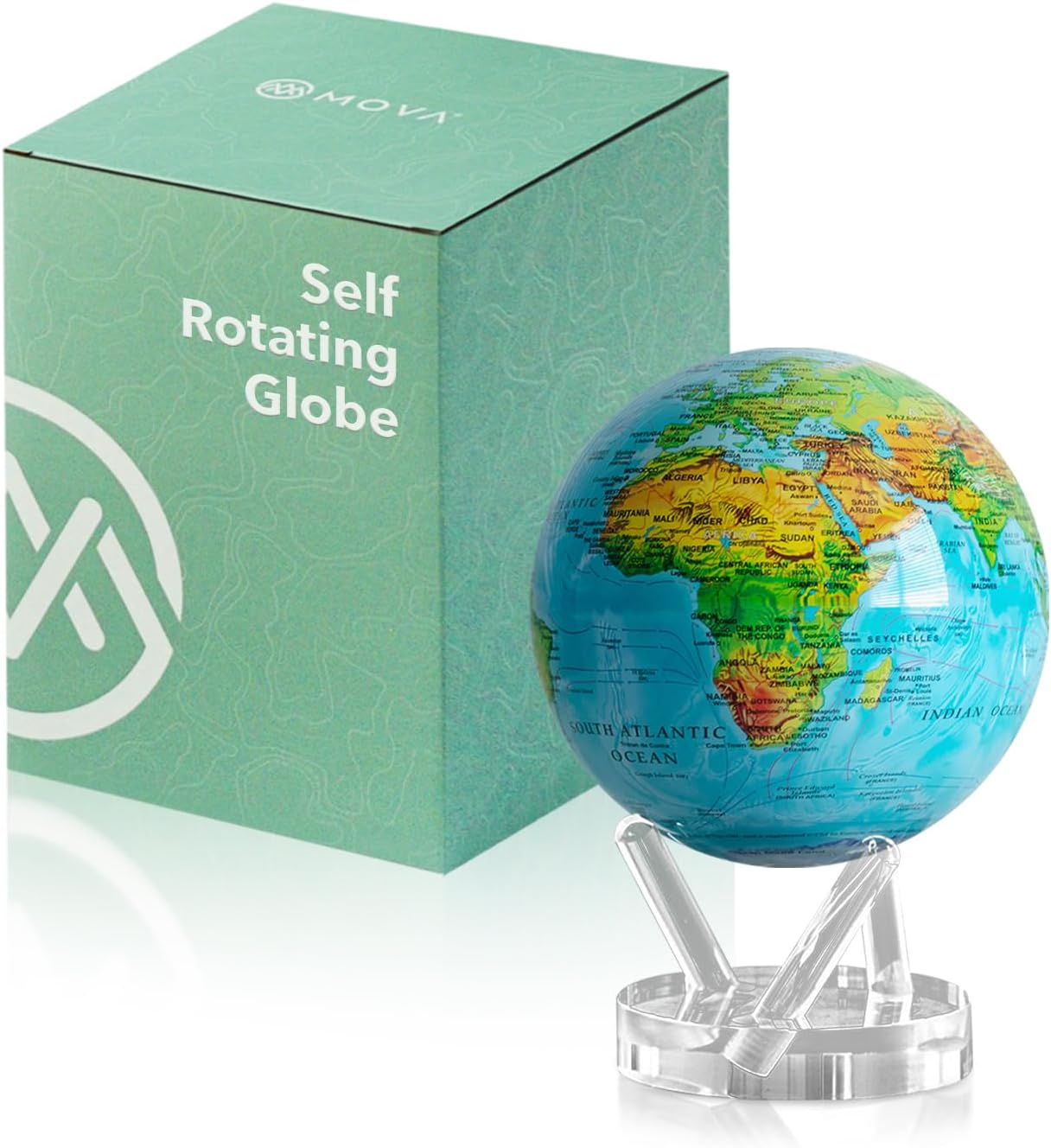 MOVA Self Rotating Globe, Ocean Blue Relief Classic (4.5") | solar powered globe, no batteries or cords, gift for geography lovers, premium kinetic display, office desk decor