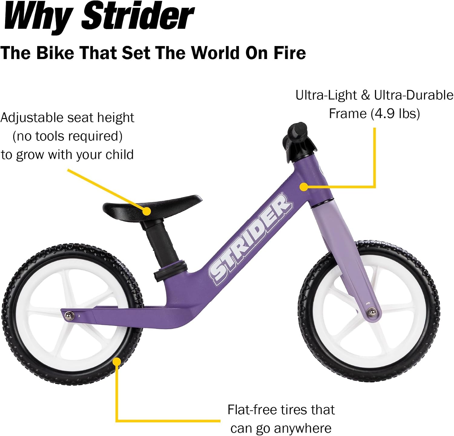 Strider 12 Comp, No Pedal Balance Bike for Kids Ages 1–3 Years | No-Pedal Composite Bike, Adjustable Seat, Lightweight Frame, Easy Assembly, Durable All-Weather Plastic, Never Flat Tires