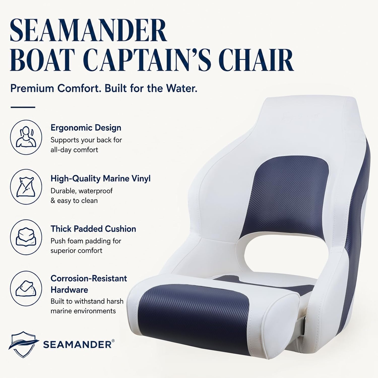 Seamander Boat Captains Chair,Captain Bucket Seat with Flip Up Bolster,Integral Rotomolded Frame, Premium EPDM Foam Material, Marine Grade Vinyl (A-White/Charcoal)
