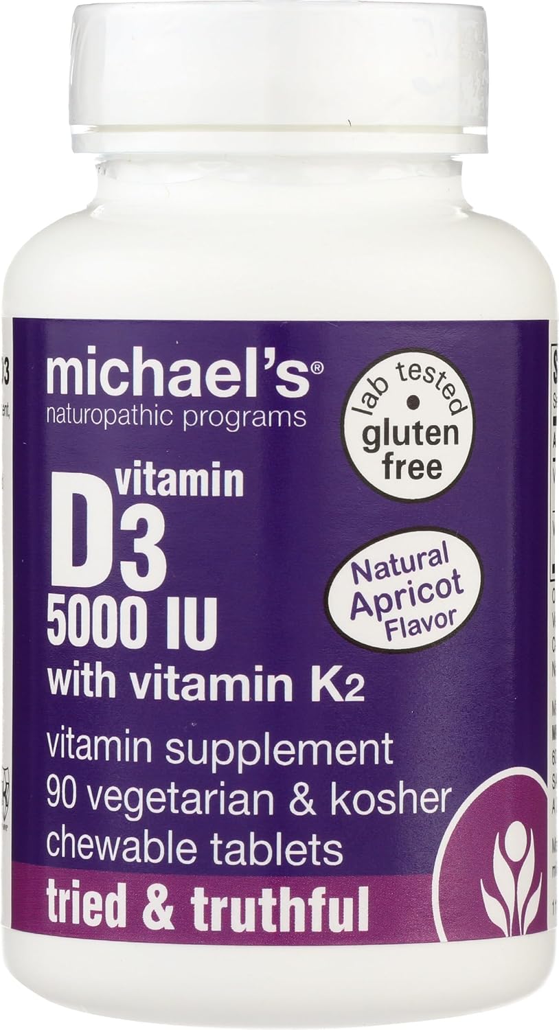 Michael's Health Naturopathic Programs Vitamin D3 with K2 - 90 Chewable Tablets - Apricot Flavor - Skeletal & Immune System Support - No Added Sugar - Vegetarian & Kosher - 90 Servings