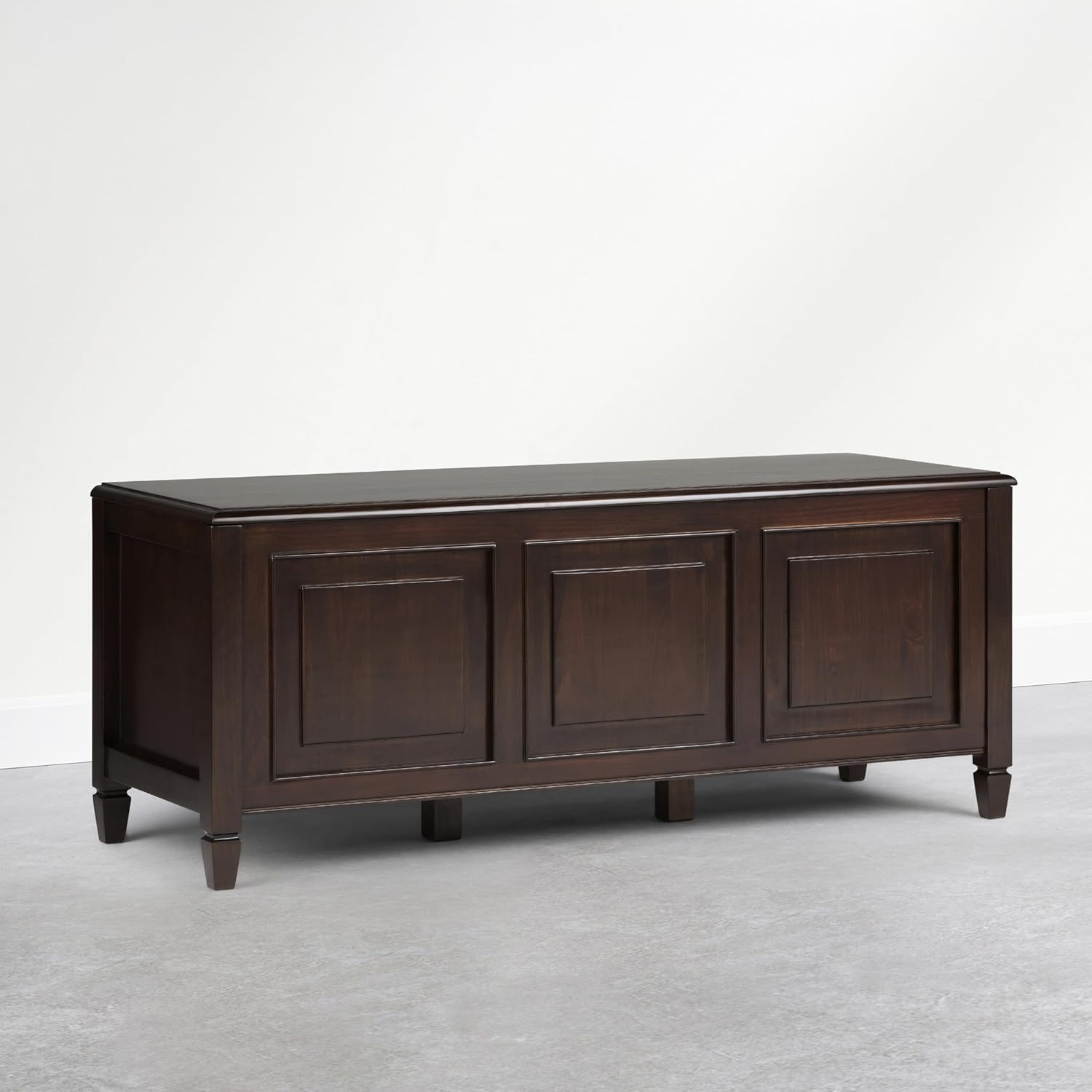 SIMPLIHOME Harvey 47" Wide Solid Mango Wood Bench in Natural | Traditional entryway bench in dark chestnut brown with a lift-up lid and 3 hidden compartments; shoe or hallway bench.