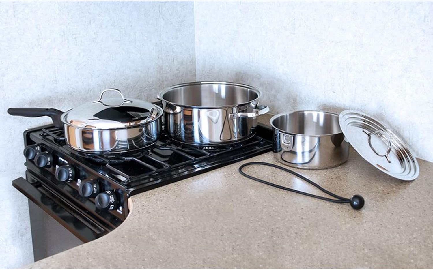 Camco 7 Piece Stainless Steel Cookware Nesting Pots and Pans Set w/Lids, Detachable Handles & Storage Strap for Camping, Tailgating, and RV