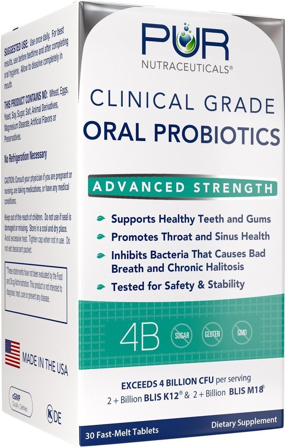 Clinical Grade Oral Probiotics, Natural Peppermint | 4 Billion CFUs of BLIS K12® & BLIS M18®, Sugar Free, 100% Made in the USA