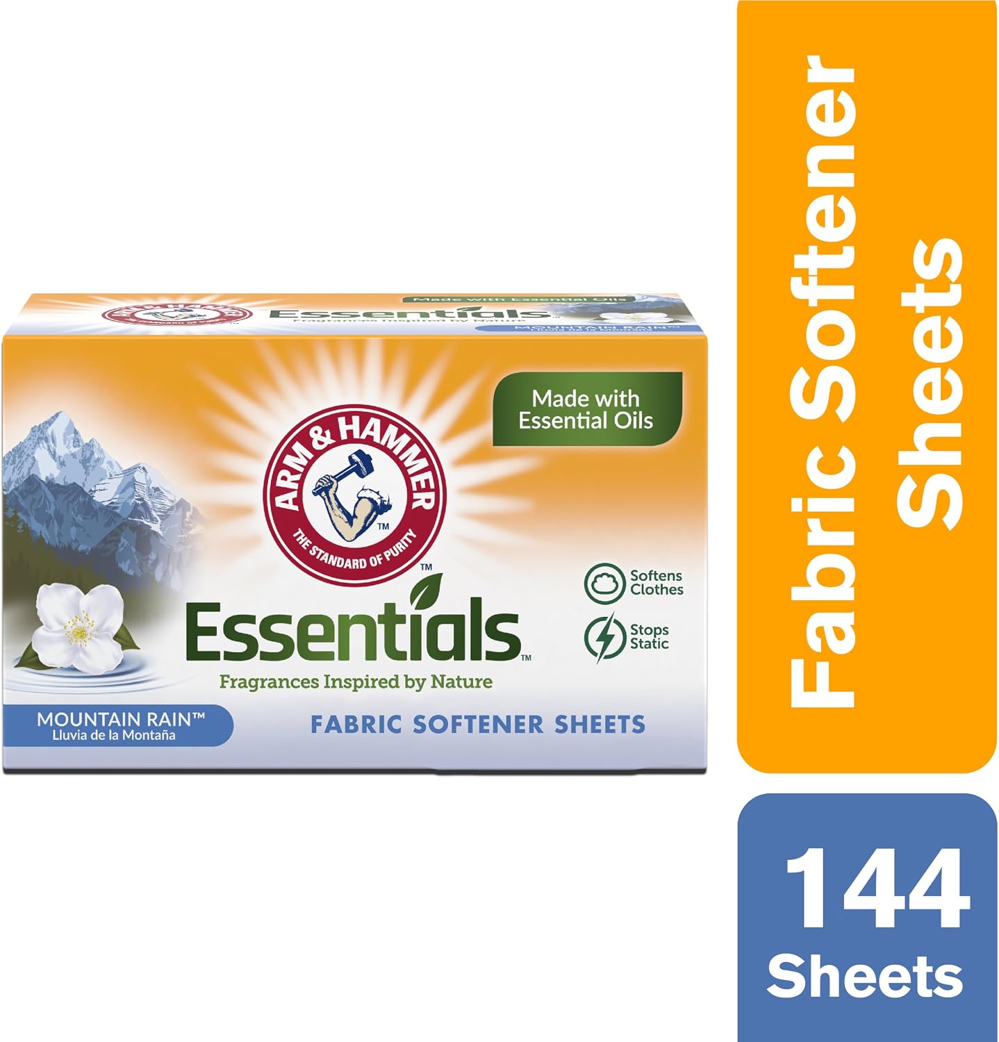 ARM & HAMMER Fabric Softener Dryer Sheets, Mountain Rain, 144 Count | Softens Clothes, Reduces Static Cling, Essential Oil Infused