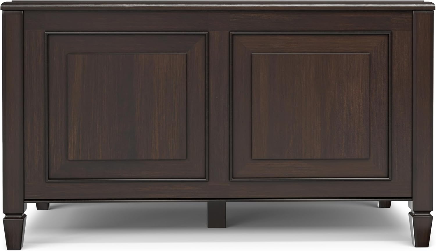SIMPLIHOME Harvey 47" Wide Solid Mango Wood Bench in Natural | Traditional entryway bench in dark chestnut brown with a lift-up lid and 3 hidden compartments; shoe or hallway bench.