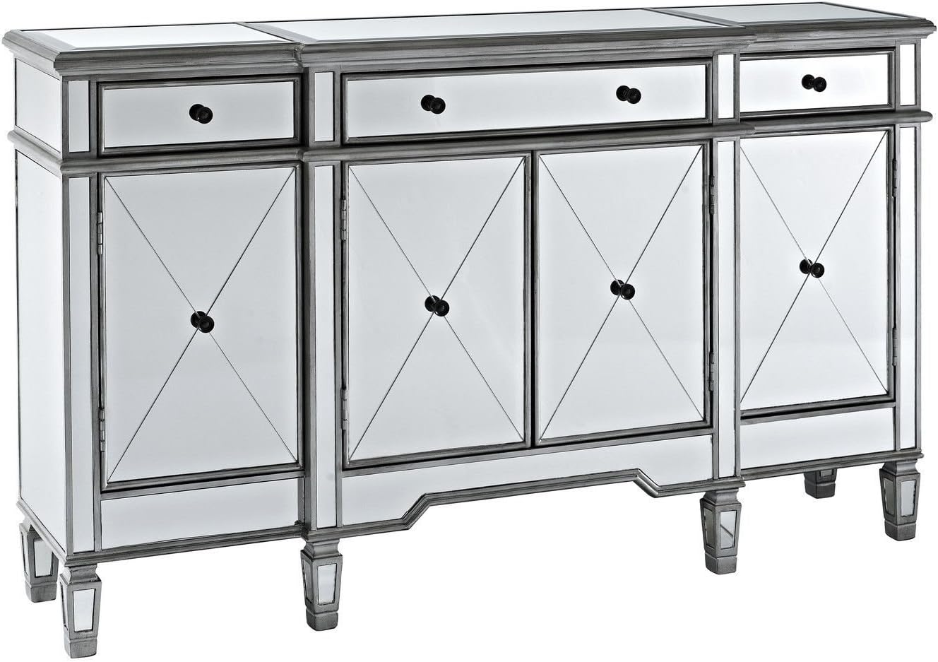 60" Silver Wood Frame Mirrored Panels Andrea Storage Sideboard Buffet Cabinet for Living Room