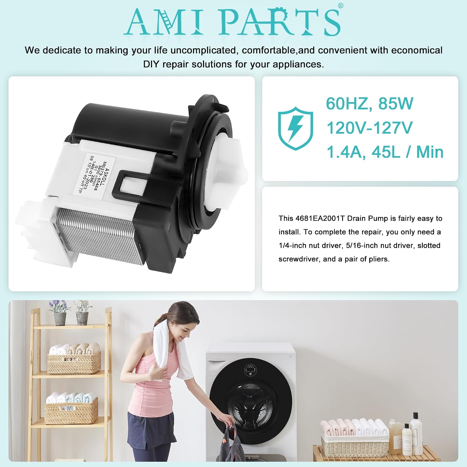 4681EA2001T Washer Drain Pump Assembly Fit for Kenmore/LG Washing Machine wm3670hwa wm3270cw wm2101hw wm3770hva wm3431hs - Replace AP5328388