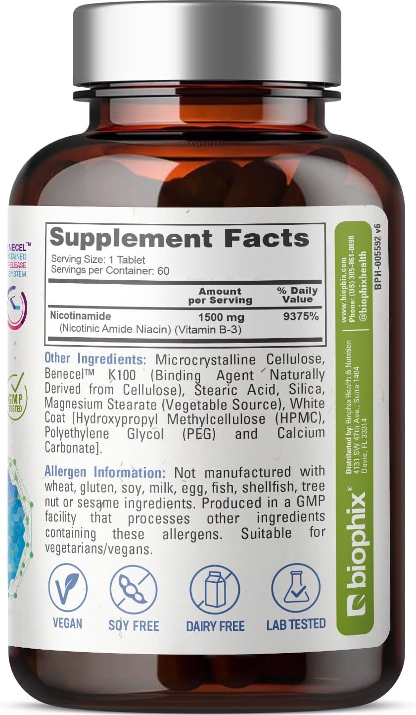 biophix B-3 Nicotinamide 1500 mg 60 Tablets Maximum Strength - Nicotinic Amide Niacin Natural Flush-Free Vitamin Formula - Supports Skin Cell Health