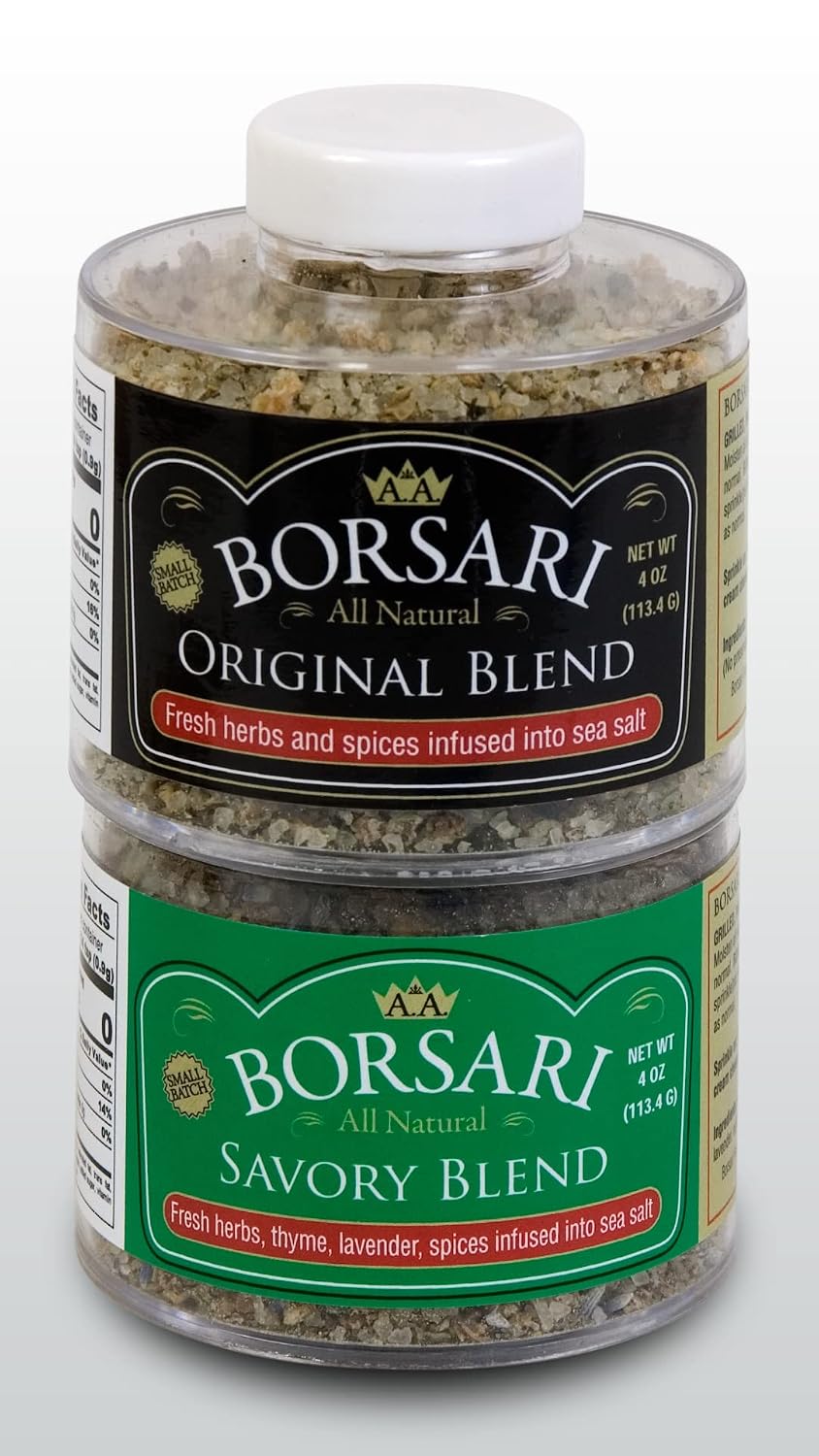 Borsari Seasoned Salt Combo - Multi-Use All Purpose Original and Orange Ginger Seasonings - Gourmet Sea Salt Blends With Herbs and Spices - Set of 2, 4 oz Shaker Bottles