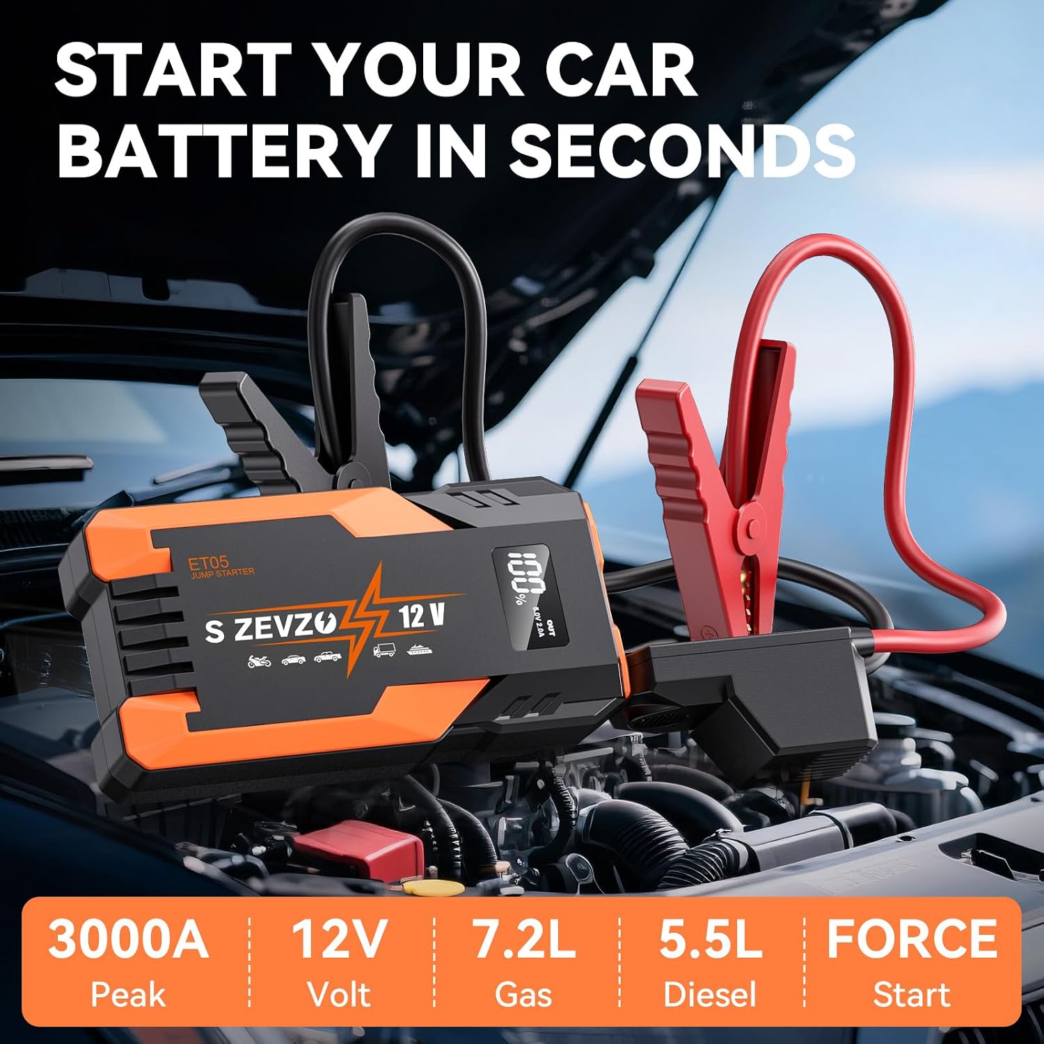 S ZEVZO ET05 Jump Starter 3000A Portable Car Jump Starter Battery Pack (7.2L Gas/ 5.5L Diesel), 51.8Wh 12V Jump Box with USB Ports