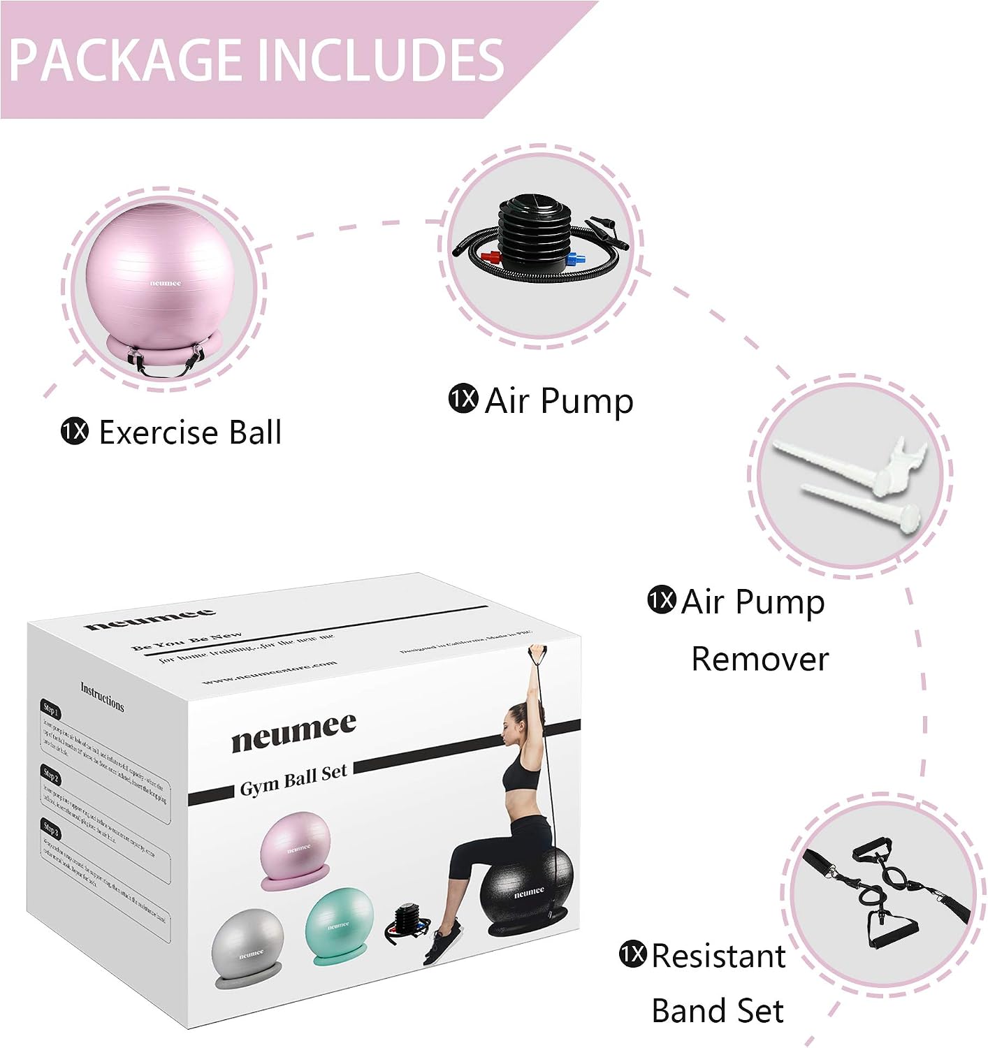 Yoga Ball Chair with 65cm Exercise Ball & 2 Resistance Bands, Stability Base for Home Office, Yoga, Pilates & Fitness, Balance Ball for Posture