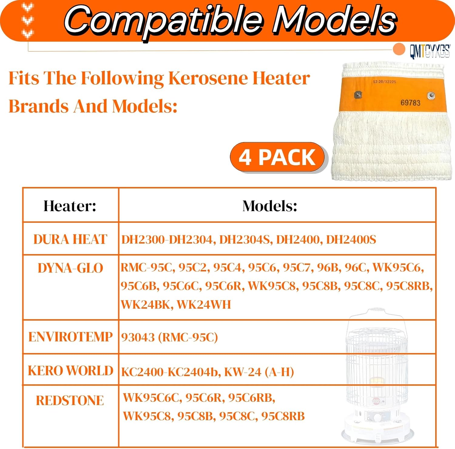 32225 Kerosene Heater Wick 4-Pack Compatible with Kero World More Models | For KW-24C, DuraHeat DH-2300, Dyna-GLO CV-2300/RMC-95C, Envirotemp