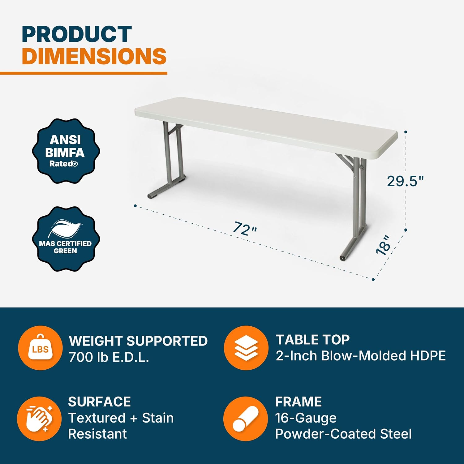 OEF Furnishings OEFBT-SEM1860 Commercial-Grade Premium Industrial Seminar Folding Table with Thick Blow-Molded Top and 16-Gauge Cantilever Steel