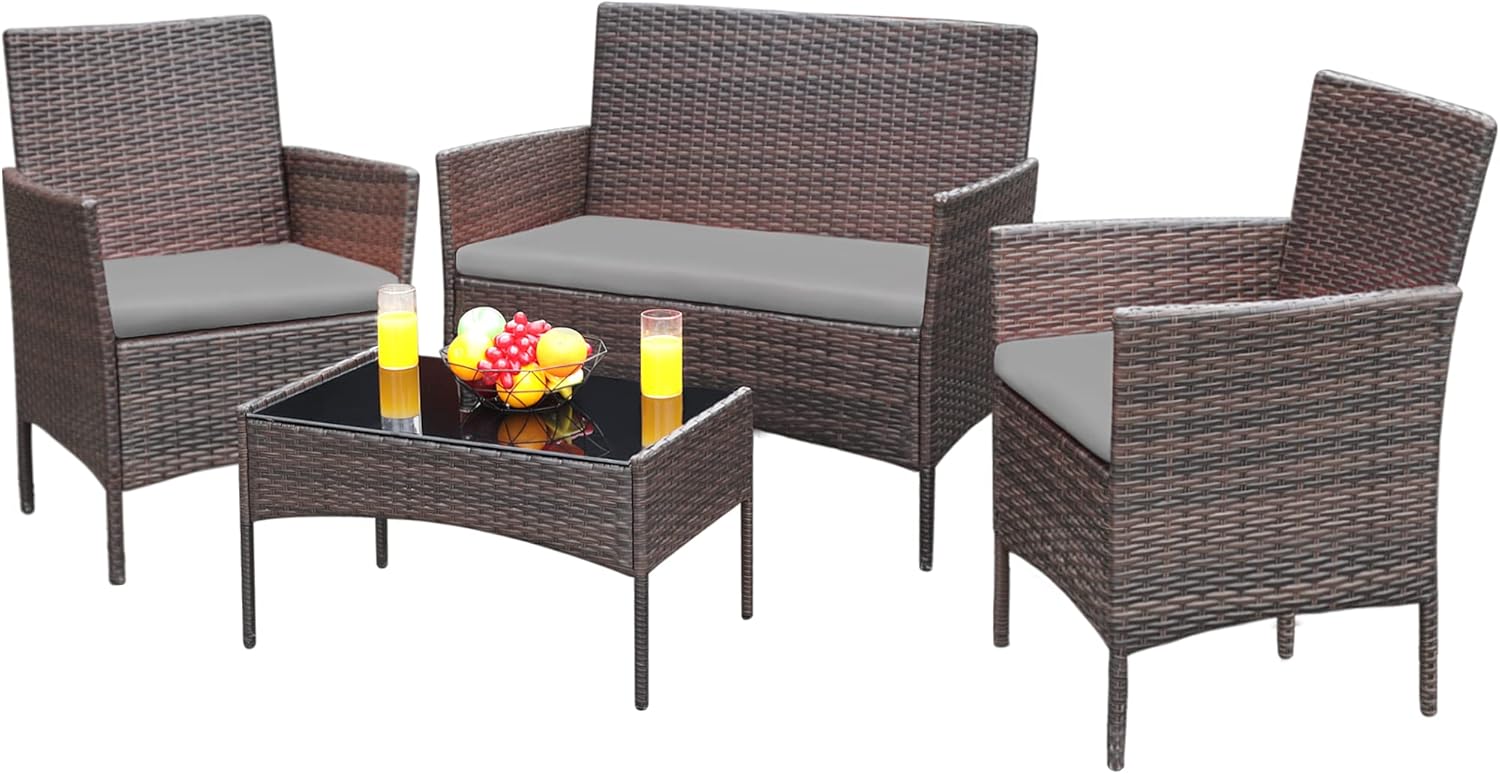 Greesum Patio Furniture 4 Pieces Conversation Sets,Brown and Beige
