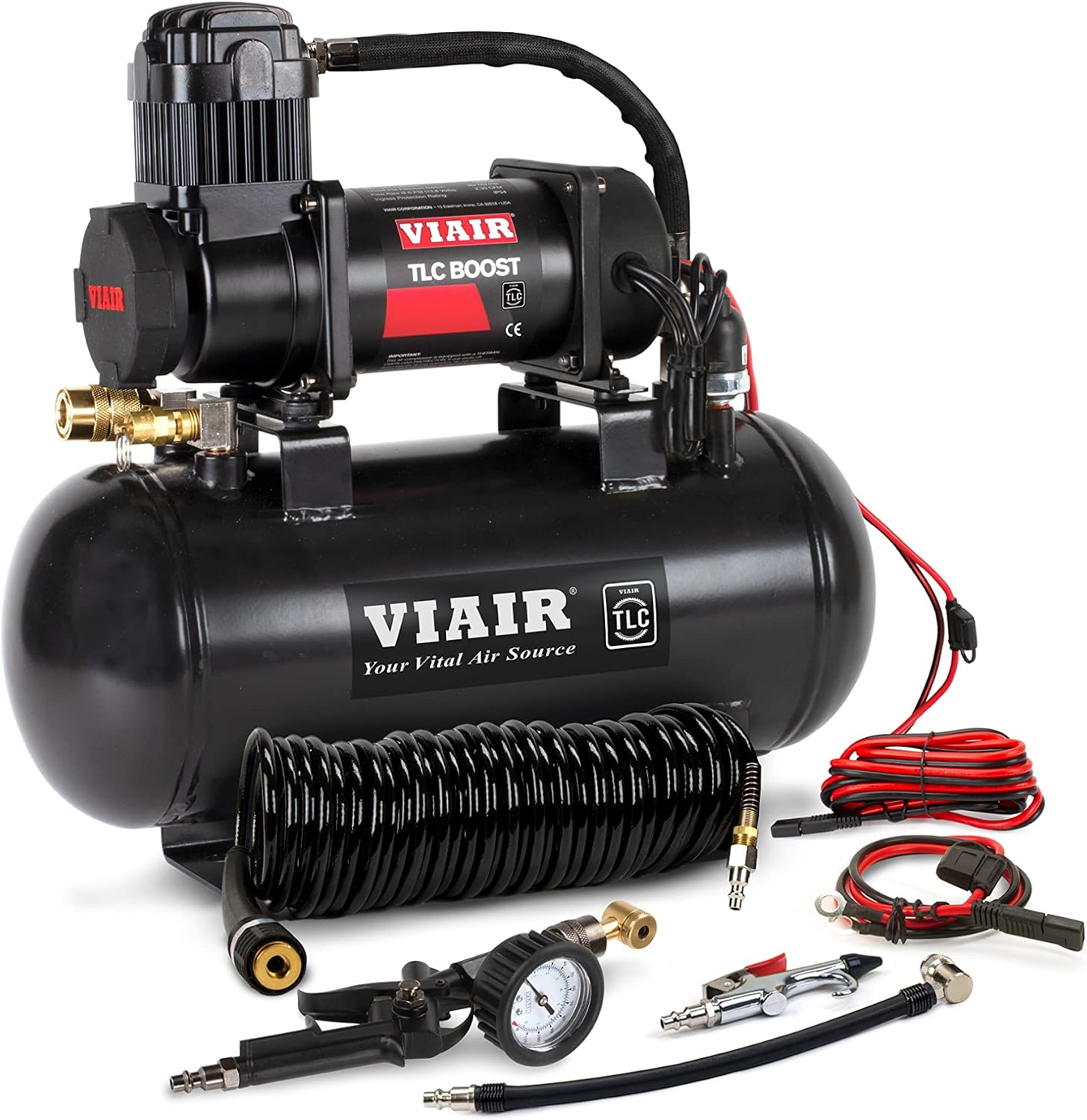 VIAIR TLC BOOST Air Compressor Source Kit – 120 PSI Stationary Tire Inflator with 1.5 Gallon Tank, Presta Valve Chuck, Inflation Tips & 30ft Coil Hose – For Air Tools, DIY Projects & Mobile Shops