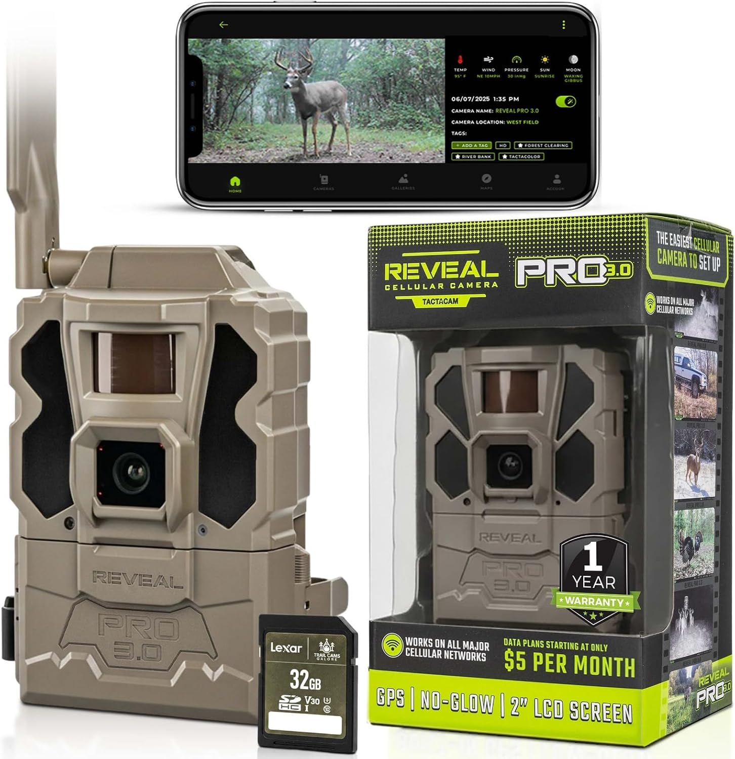 TACTACAM Reveal Pro 3.0 Cellular Trail Camera - Multi-Cellular Network, GPS, 2" LCD, No-Glow IR, Wi-Fi Enabled, HD Photos & 1080p Videos, Fast Trigger + 32GB SD Card (1PK)