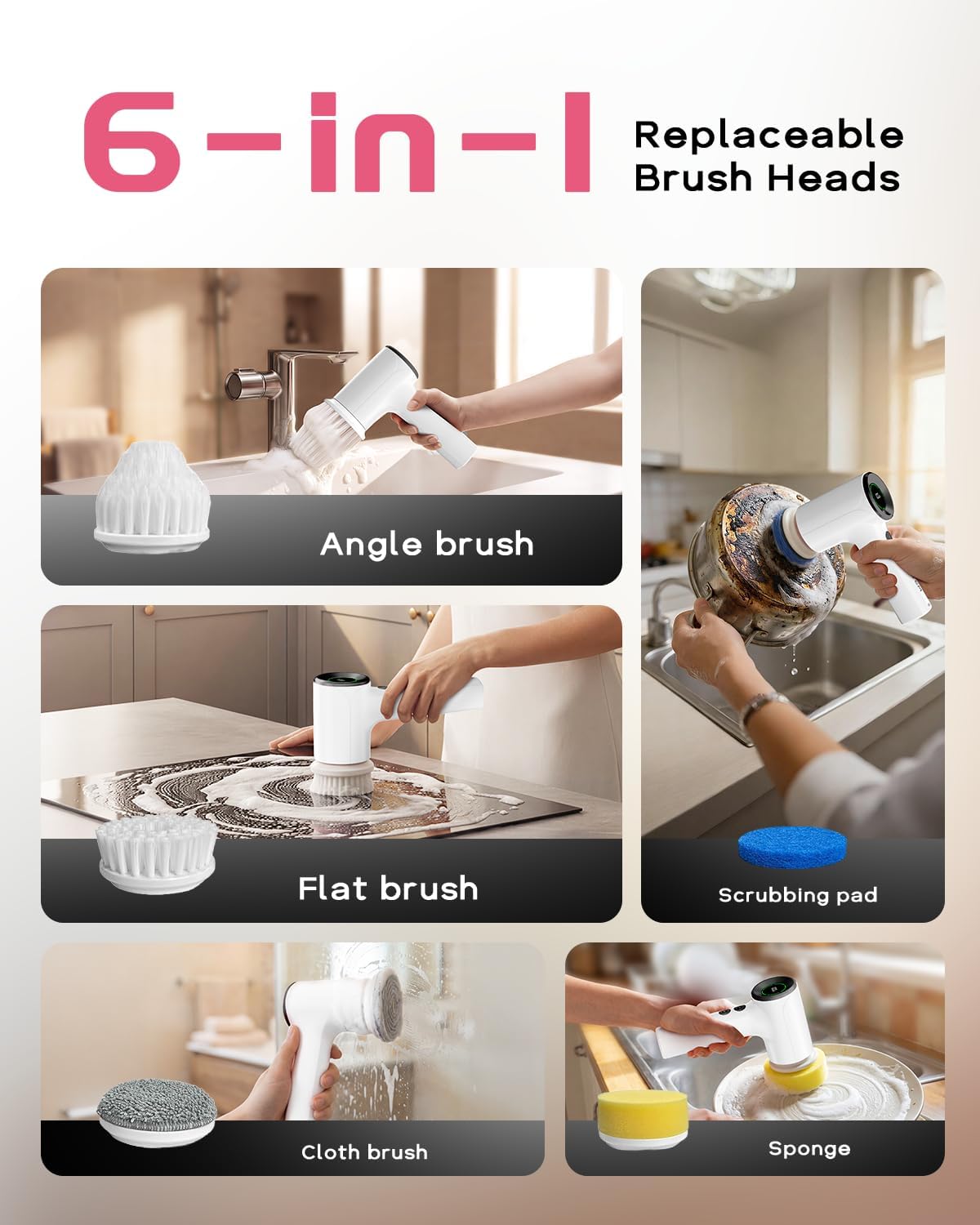 PUFTEM Shower Scrubber, Electric Spin Scrubber for Bathroom Cleaning – Cordless Shower Cleaner Brush with 6 Brush Heads, Dual-Direction Rotation