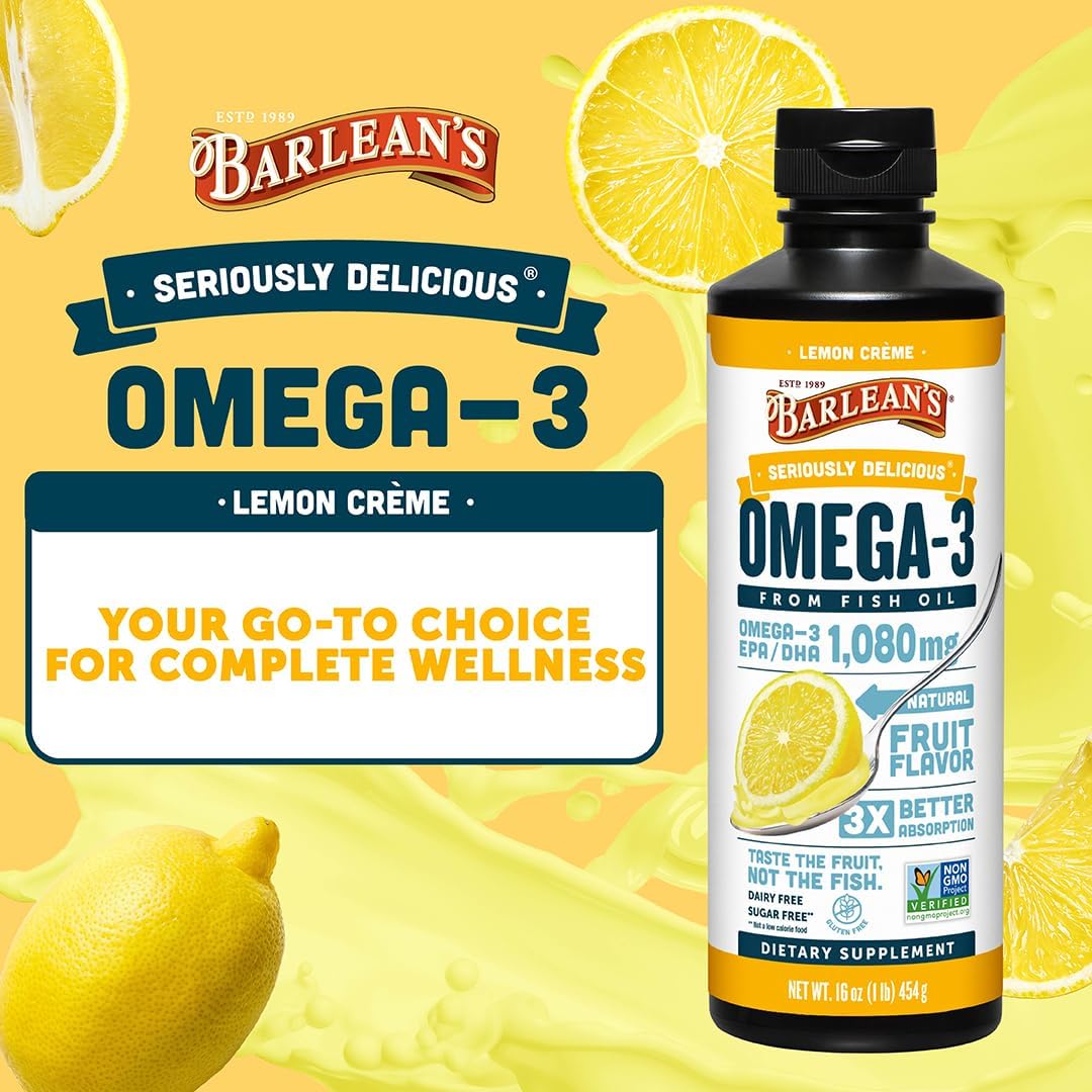 Barlean's Mango Peach Omega-3 Fish Oil, Vitamin D, 1080mg EPA & DHA, 8oz | Wild-caught fish oil plus vitamin D, EPA DHA omega-3, Burpless, Non-GMO, Gluten-free, Heart, brain, bone & immune