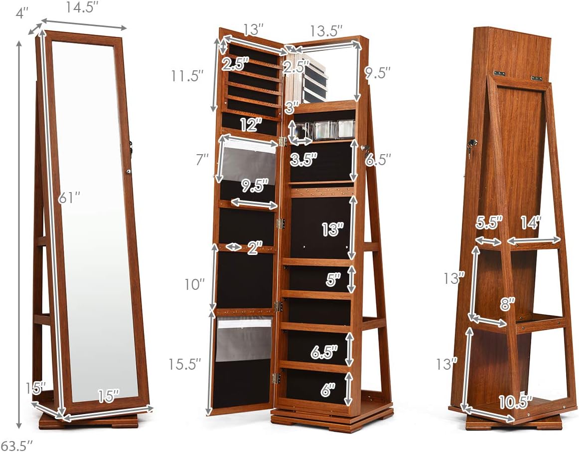 CHARMAID 360° Swivel Jewelry Armoire with Higher Full Length Mirror, Standing Lockable Jewelry Cabinet Organizer with Large Storage Capacity