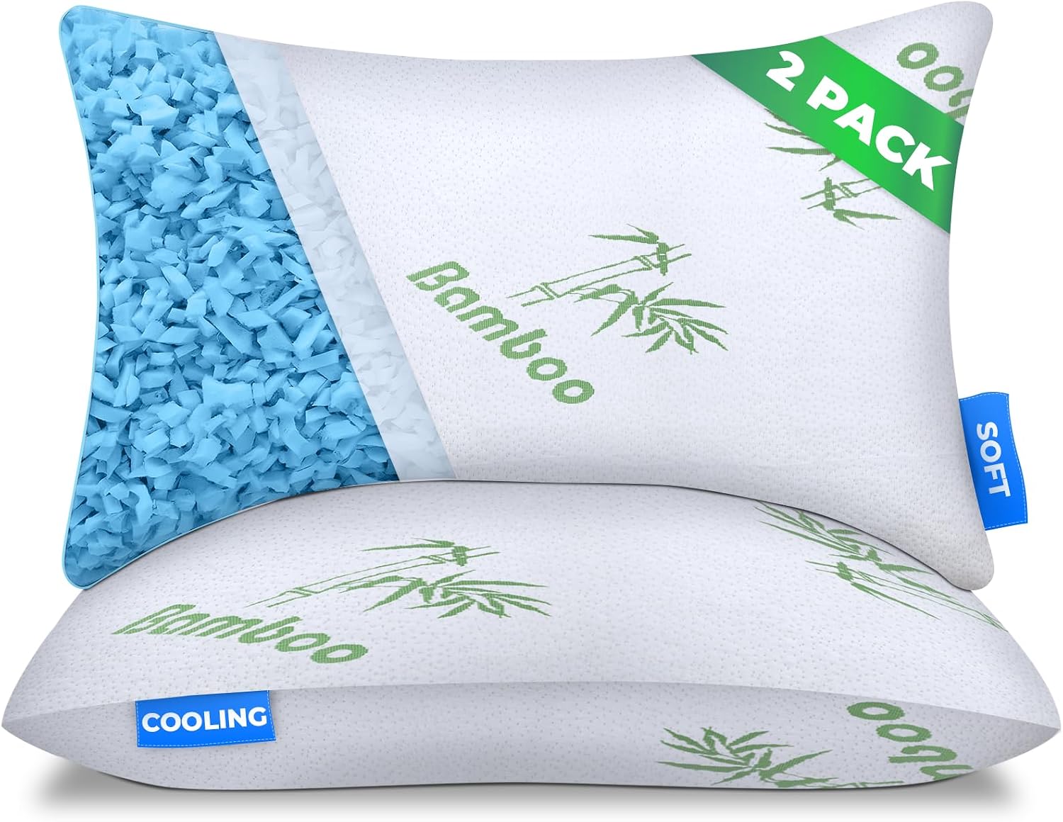Memory Foam Pillows Queen Size Set of 2 - Cooling Bed Pillows for Sleeping - Back, Stomach, Side Sleeper Firm, Comfy Cool Shredded - 2 Pack, Rayon Derived from Bamboo