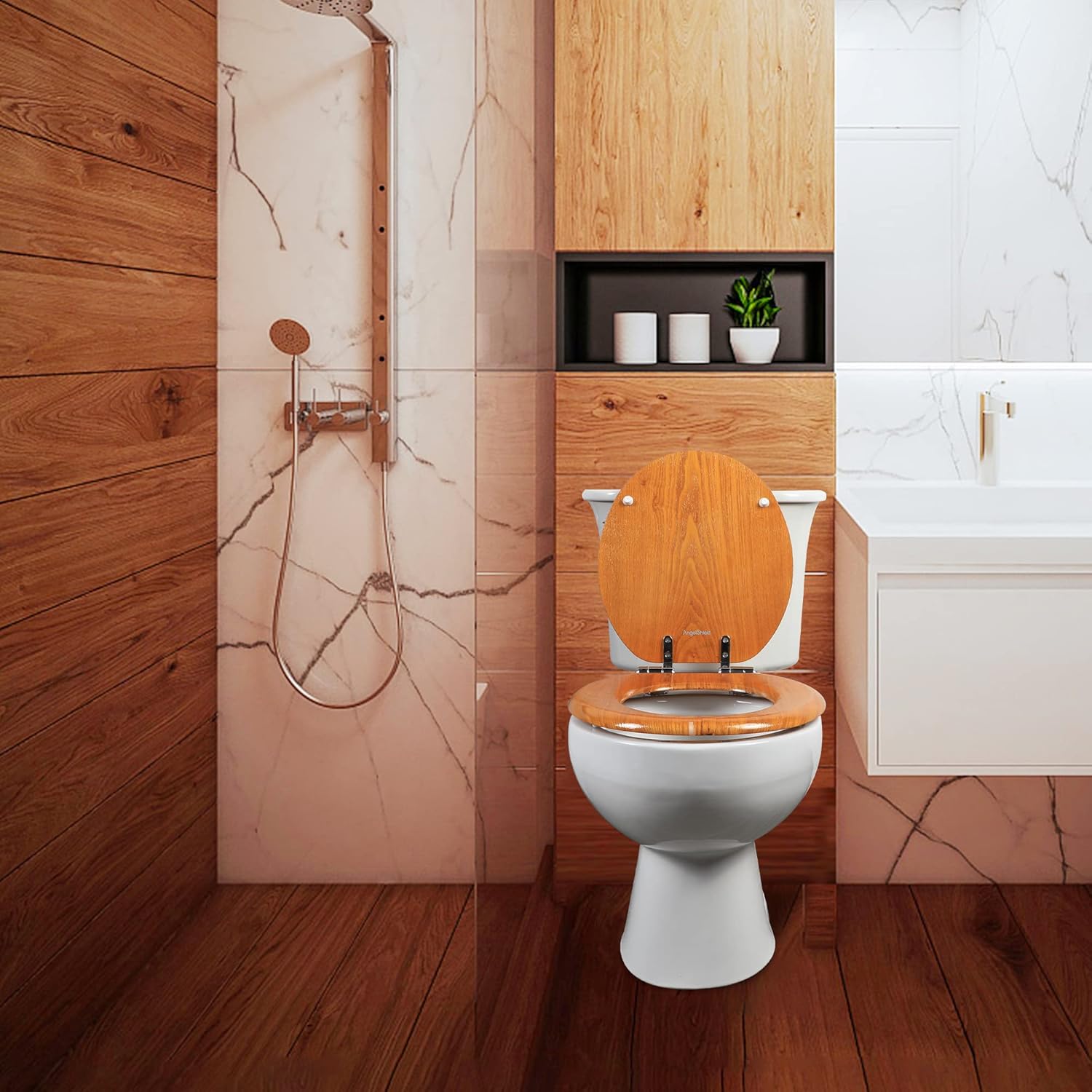 Angel Shield Toilet Seat with Zinc Alloy Hinges Quiet-Close Quick-Release Wood Molded UV Lid Easy Clean(Elongated,Black)