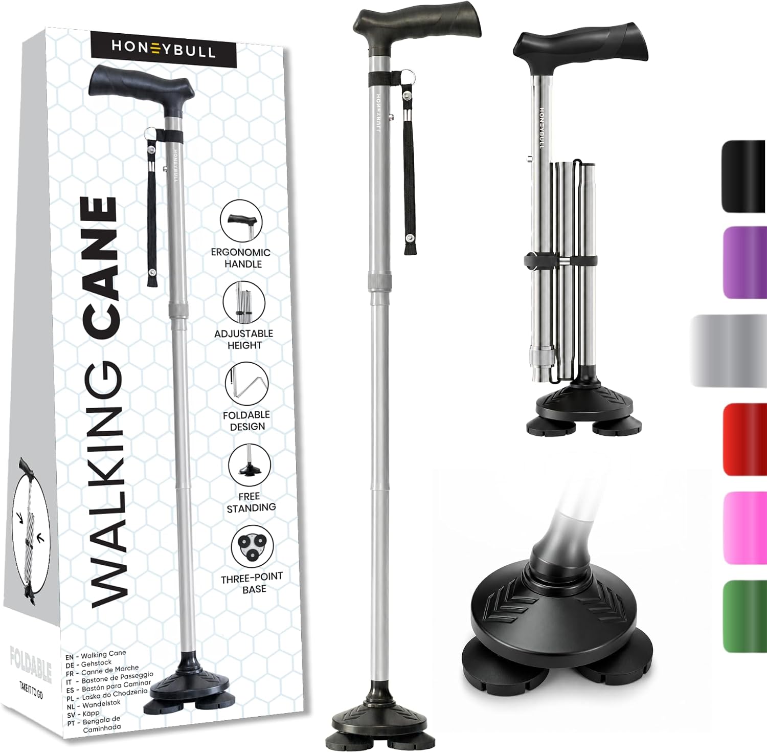 HONEYBULL Walking Cane for Men & Women, Foldable Free Standing Cane | Adjustable height, collapsible design, heavy-duty, pivot base for stable support, ergonomic handle