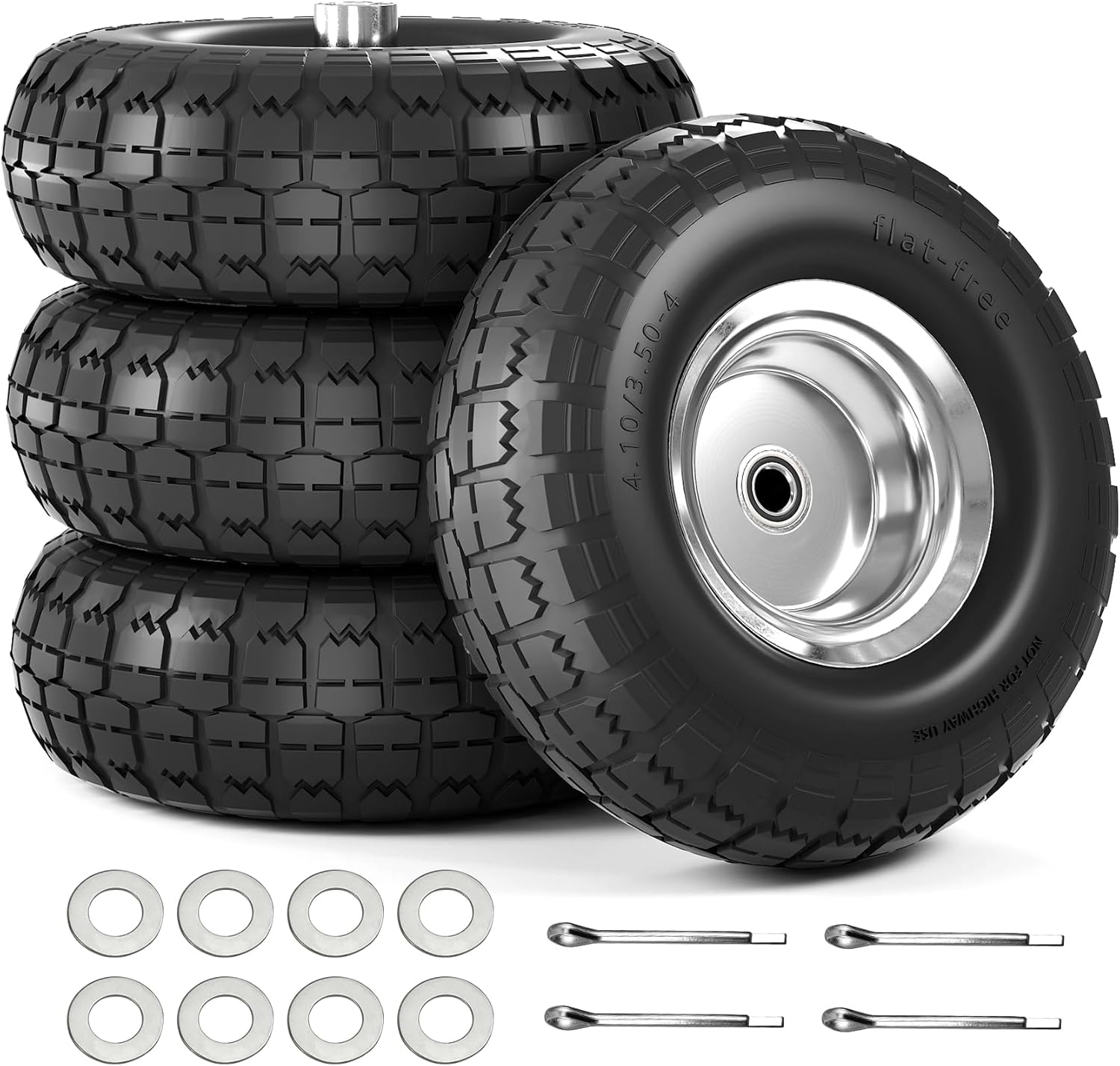 【UPGRADED】4.10/3.50-4 Tire and Wheel Flat Free, 10 Inch Solid Rubber Tire with 5/8”Axle Bore Hole and Double Sealed Bearings