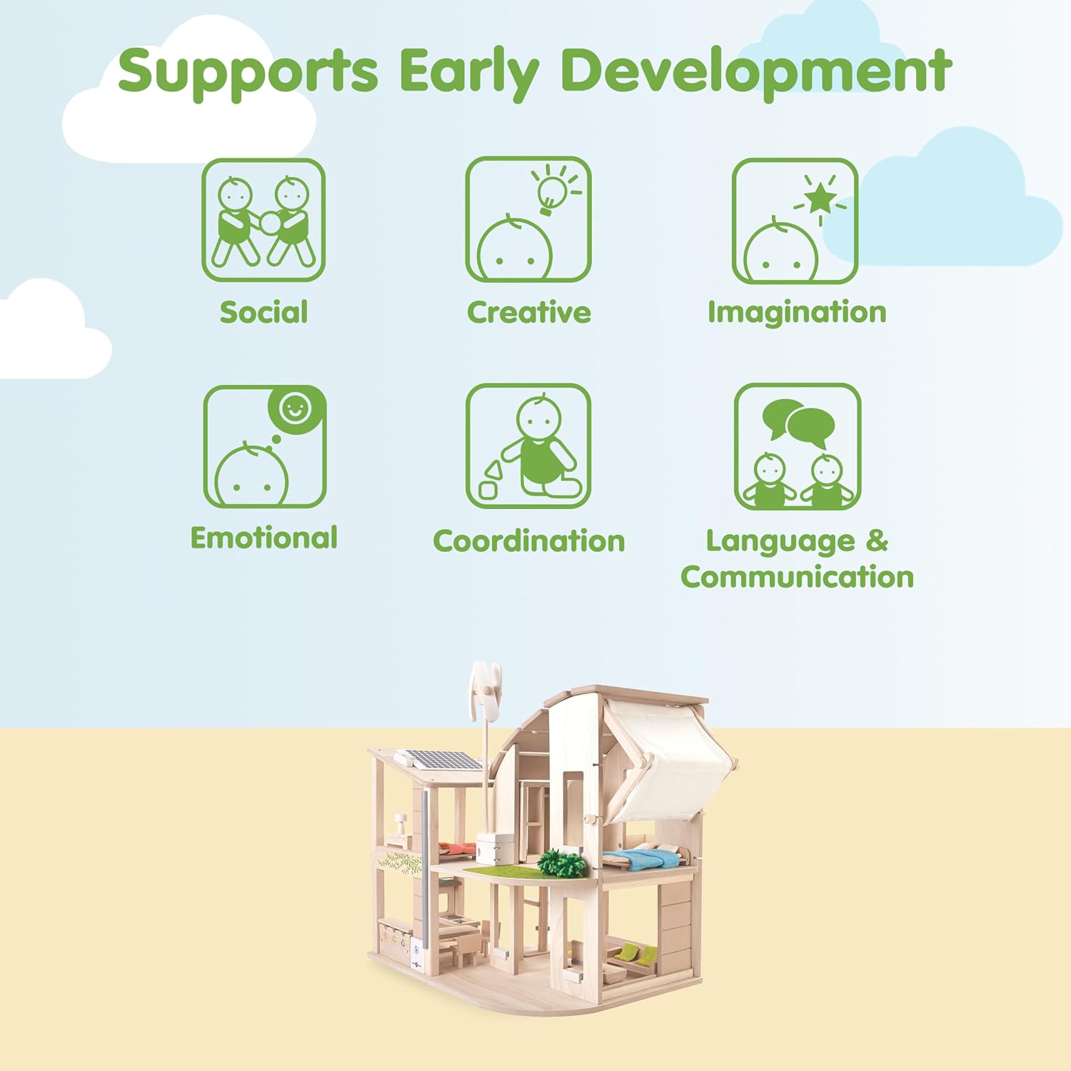 PlanToys® Green Wooden Dollhouse with Solar Panel, Wind Turbine & Furniture | recycling system, eco-friendly doll house, sustainable pretend play, kids, girls, environmental learning gift for boys