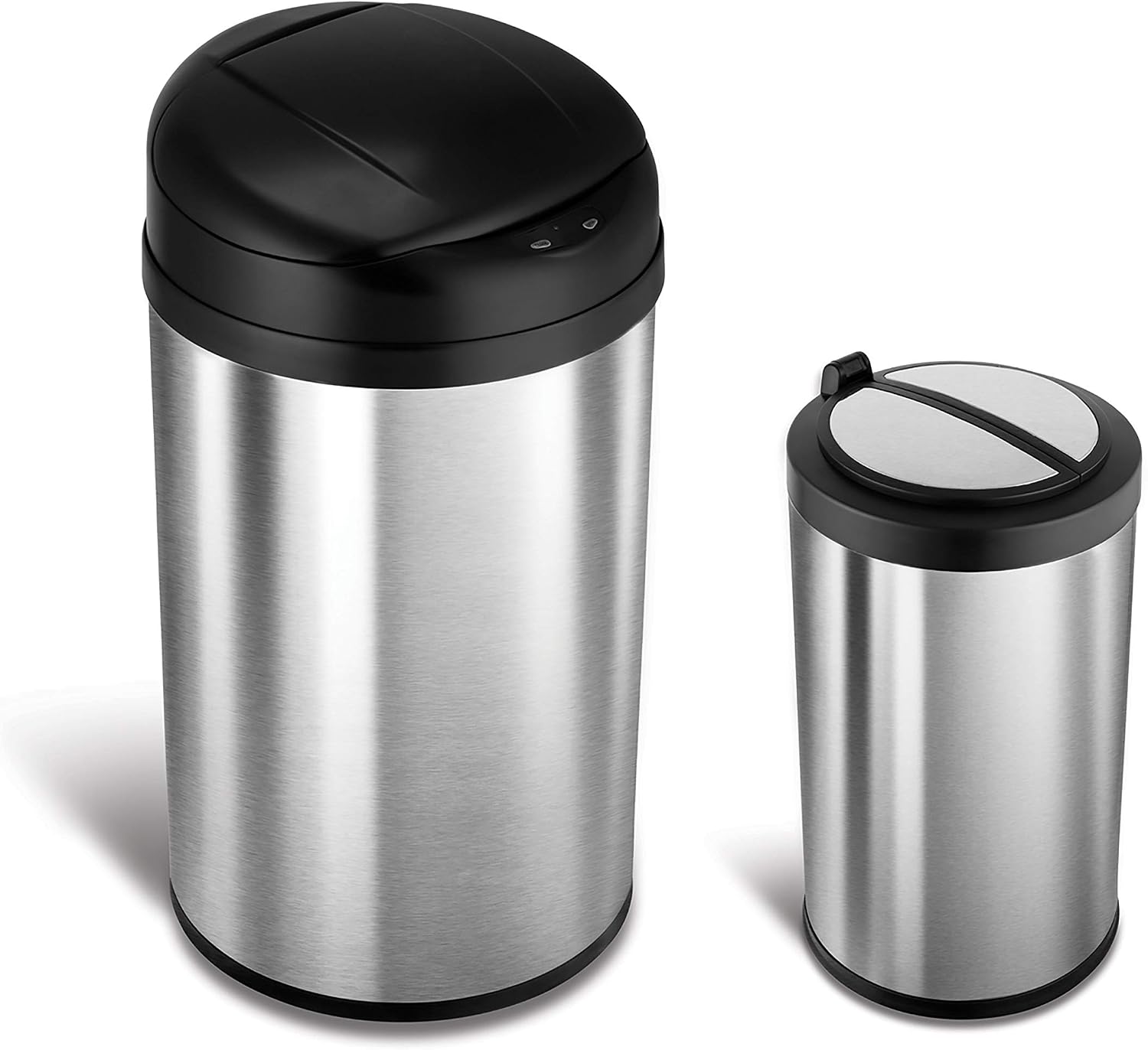 NINESTARS CB-DZT-50-98-1C Automatic Touchless Motion Sensor Oval & Rectangular Trash Can Combo Set, 13.2 Gal. 50 L. & 2.1 Gal.8 L., Stainless Steel