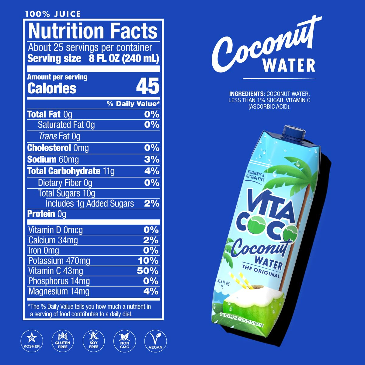 Vita Coco Coconut Water, Pure Original, Refreshing Coconut Taste, Natural Electrolytes, Vital Nutrients, 33.8 Oz (Pack of 6)