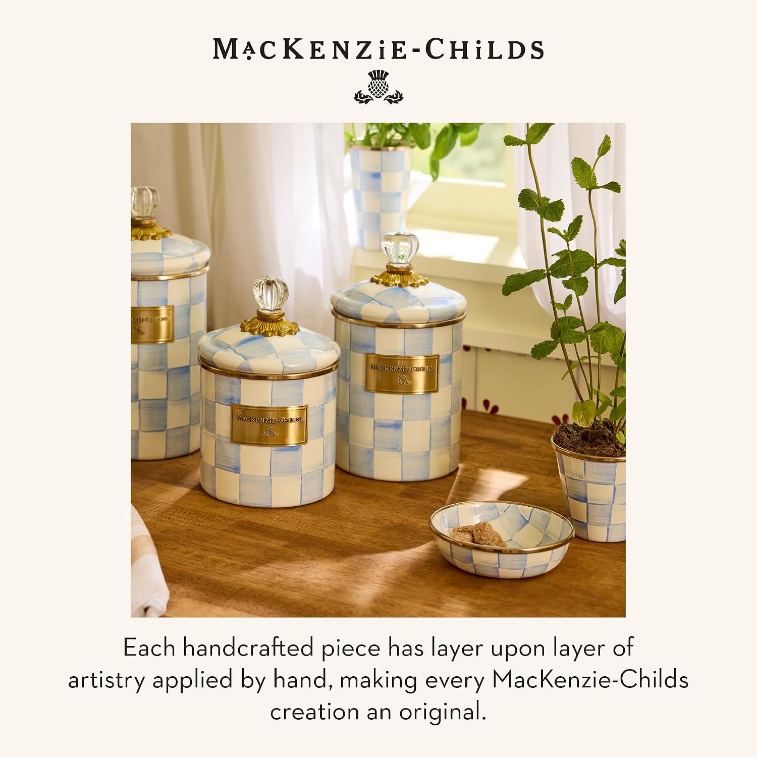 MACKENZIE-CHILDS Enamel Herb Pot Set, Small, Black-and-White Courtly Check | Hand-painted design, small plant pots for herbs or flowers, 8-ounce capacity per pot, set of 3