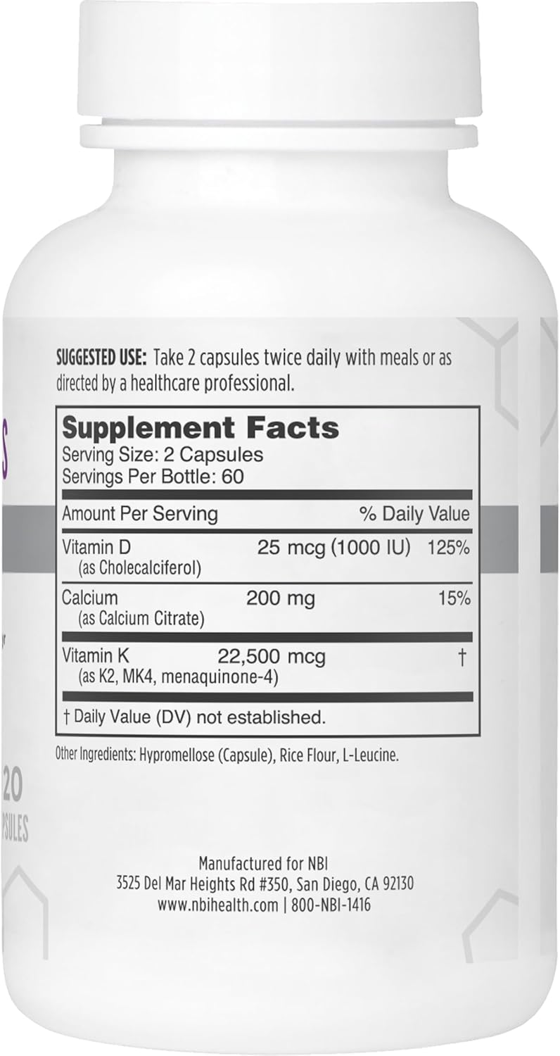 NBI Osteo-K Bone Support - Mini | Vitamin D & K Complex with Calcium Citrate Supplement | 45mg Vitamin K2 (MK4) for Strong Bone Health & Function | 120ct Veggie Capsules