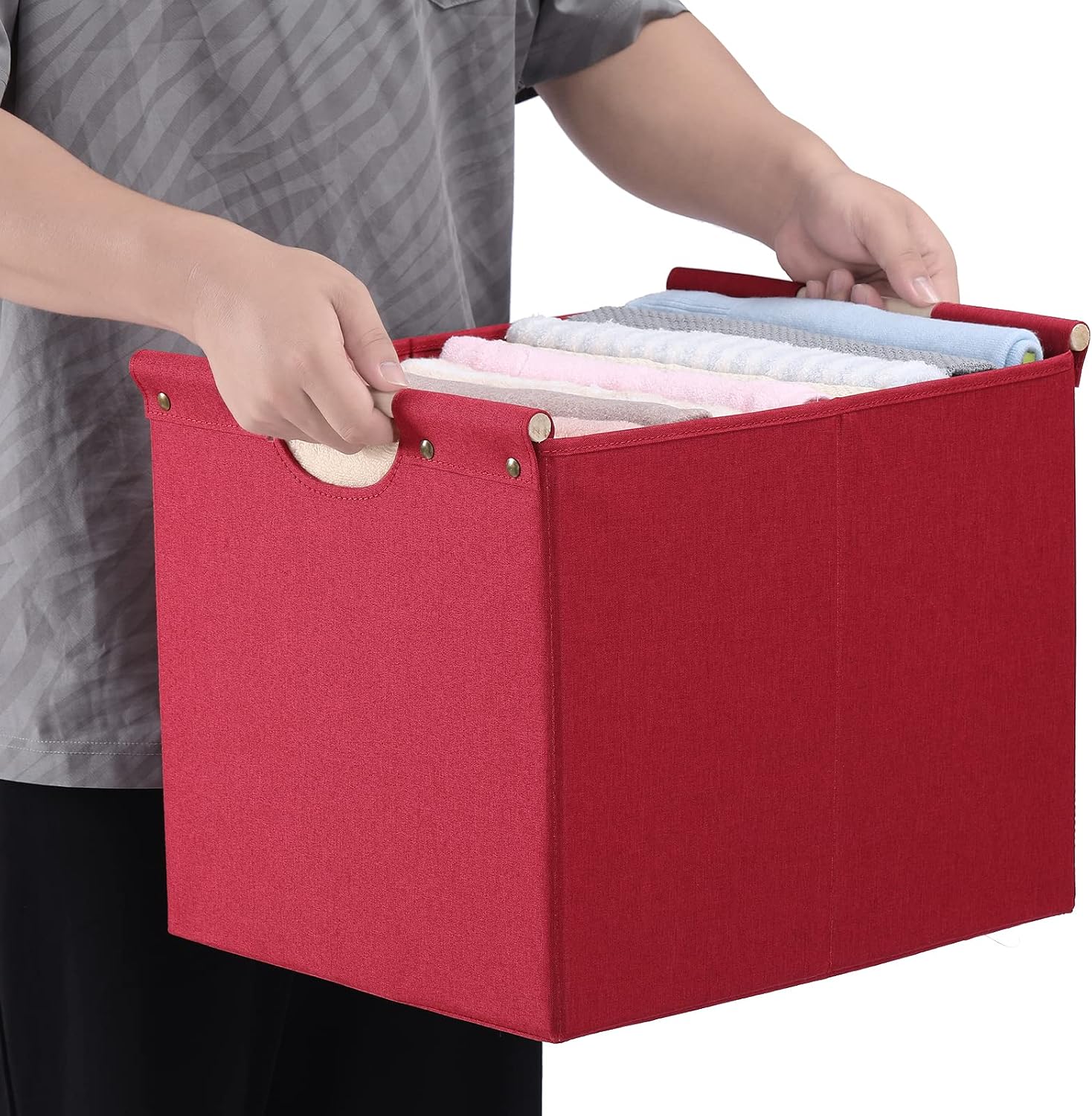 HOONEX Large Collapsible Storage Bins, Linen Fabric, 2 Pack, Storage Baskets with Wooden Carry Handles and Sturdy Heavy Cardboard, for Home, Office