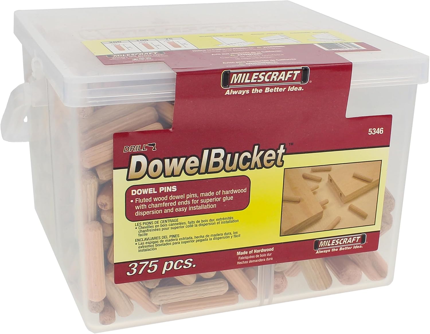 Milescraft 5346 Wooden Dowel Bucket - 375 pcs Total - 1/4”, 5/16” & 3/8”