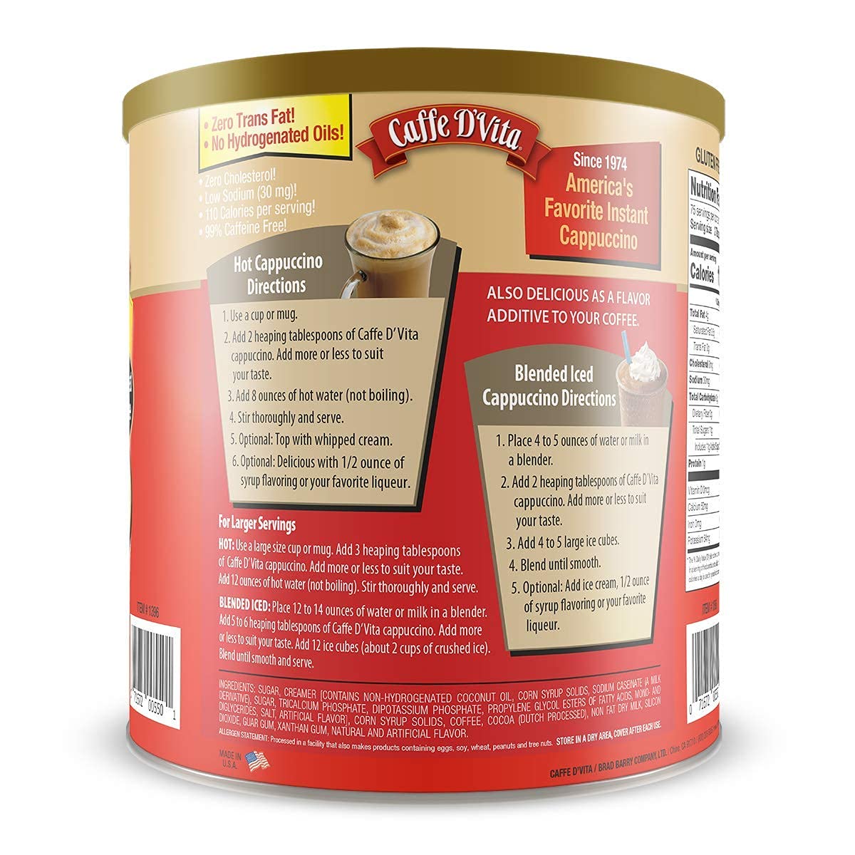 Caffe D'Vita Mocha Cappuccino Mix - 4 lb can (64 oz.) | Instant Cappuccino Mix, Gluten Free, No Cholesterol or Trans Fat, 99% Caffeine Free, Mocha