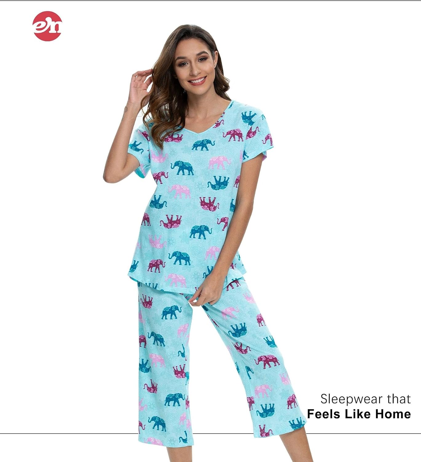 ENJOYNIGHT Womens Pajama Set Cotton Short Sleeve Top With Capri Pants Pj