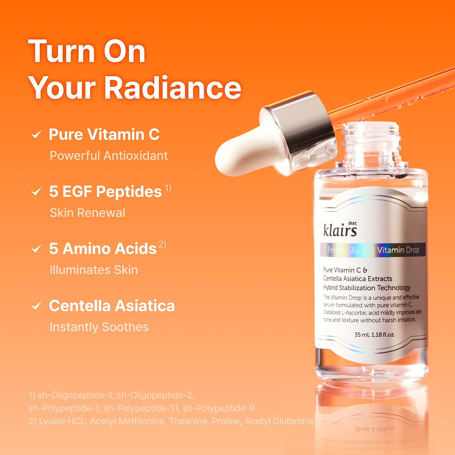 DearKlairs Vitamin C Serum - Dark Spot Care for Sensitive Skin, 1.18 fl.oz. | 5% Pure Vitamin C & Niacinamide, EGF Peptides, Even Skin Tone