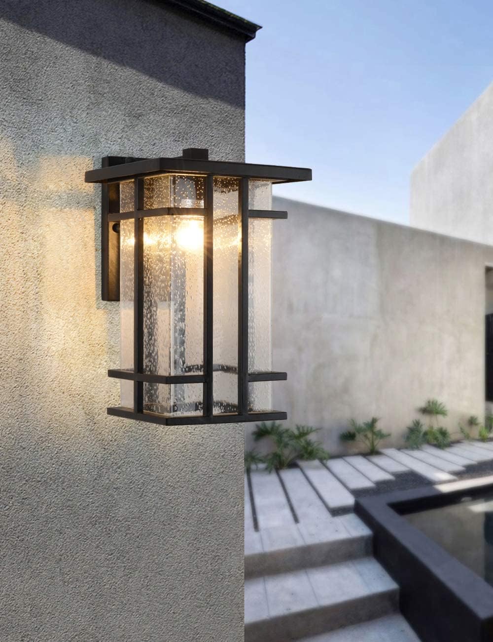 Rustic Dusk to Dawn Outdoor Wall Light Fixture 13.8"H Waterproof Exterior Wall Sconces Black Metal with Seeded Glass Sensor Outdoor Wall Lantern for