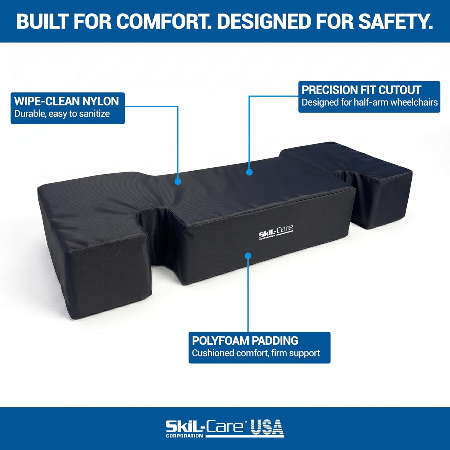 Skil-Care Wheelchair Lap Top Tray Cushion, Half-Arm, 4" Thick, 18", Black | 307040, Fits All 18" Half-Arm Wheelchairs, with Foam Cutouts for Secure Fit, Polyfoam Padding, Durable Wipe-Clean Vinyl Cover
