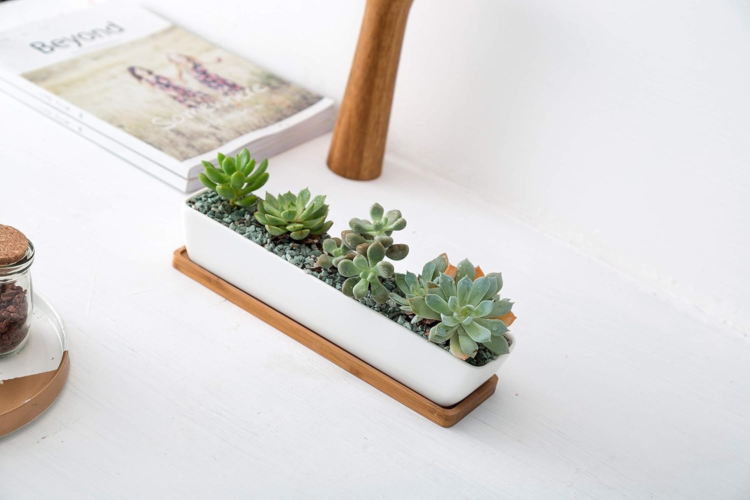 SeaStar White Rectangular Long Succulent Planter Pot, 11x2.16x1.75inch Modern Minimalist Ceramic Succulent Planter Pot with Saucer for Office, Desk