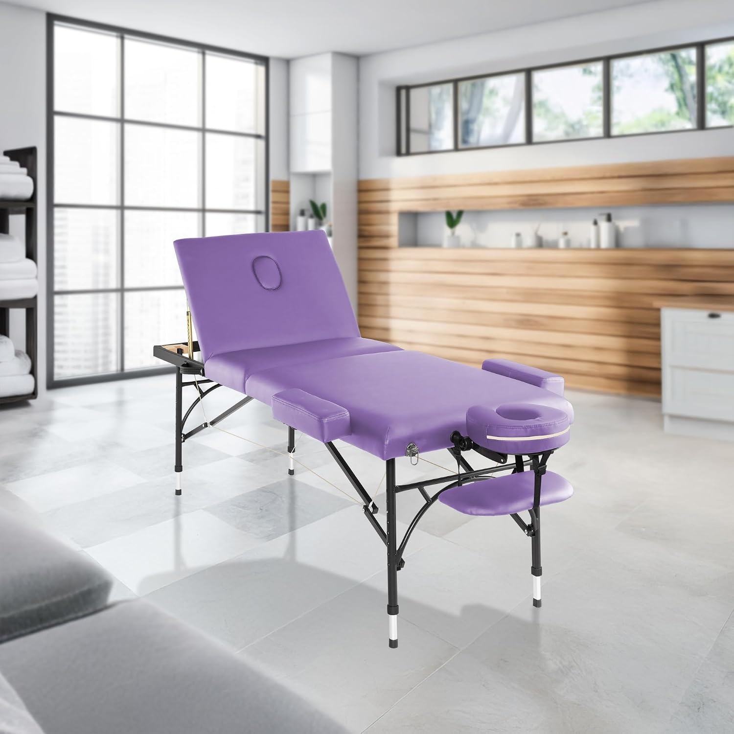 Saloniture Professional Portable Lightweight Tri-Fold Massage Table with Aluminum Legs - Includes Headrest, Face Cradle