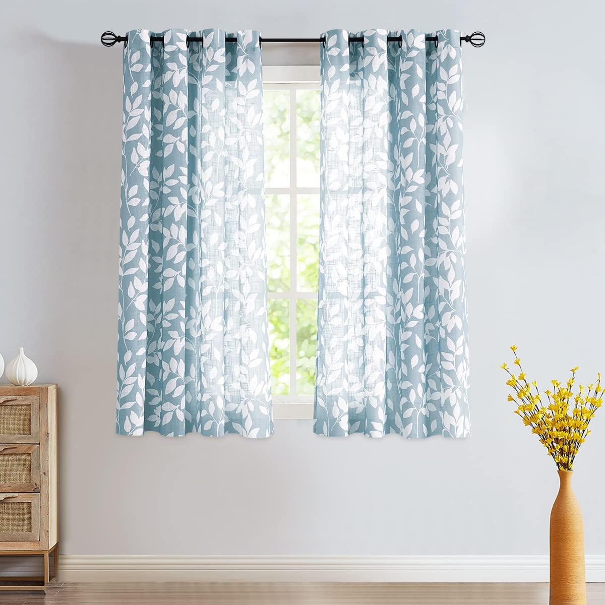 Leaf Semi Sheer Curtains for Bedroom Living Room 52x72" Taupe White Print 2