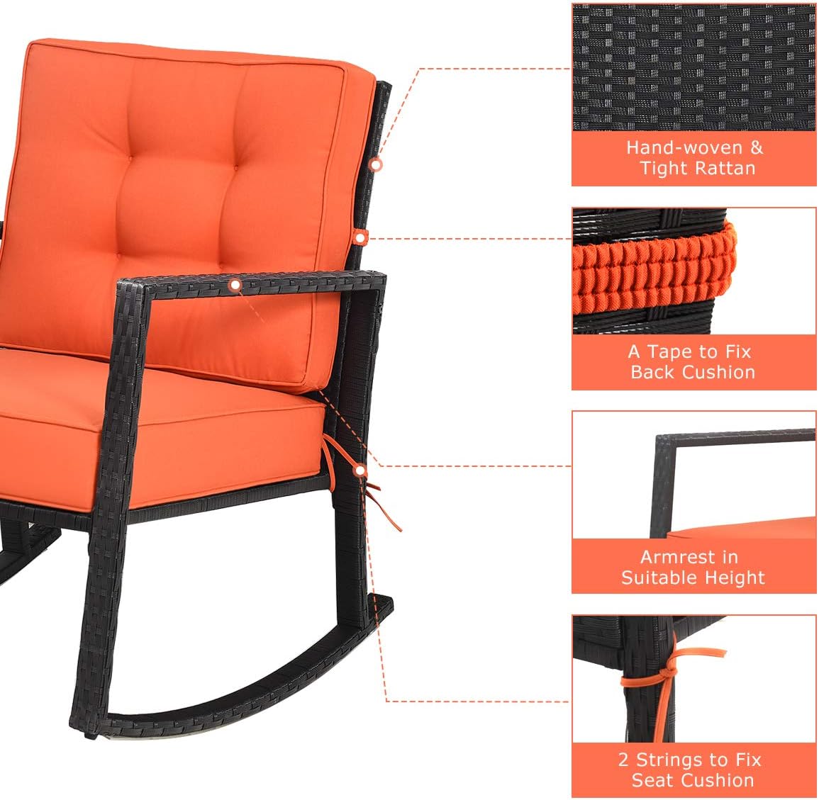 Tangkula Wicker Rocking Chair, Outdoor Glider Rattan Rocker Chair with Heavy-Duty Steel Frame